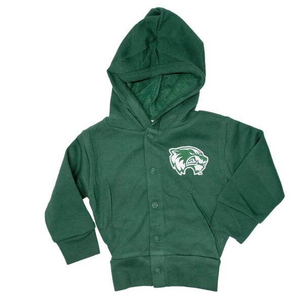 Child hunter green hooded snap jacket with wolverine head logo embroidered.